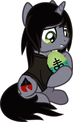 Size: 741x1225 | Tagged: safe, artist:lightningbolt, derpibooru exclusive, oc, oc:demon hellspawn, pony, unicorn, .svg available, clothes, disguise, disguised siren, egg, fangs, holding, hoof hold, horn, interspecies offspring, jewelry, kellin quinn, leviathan cross, magical gay spawn, necklace, offspring, ponified, shirt, simple background, sitting, sleeping with sirens, slit eyes, solo, svg, t-shirt, transparent background, vector