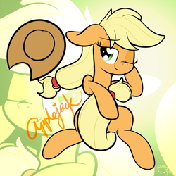 Size: 3000x3000 | Tagged: safe, artist:kimjoman, derpibooru import, applejack, earth pony, pony, accessories, bedroom eyes, cowboy hat, cute, female, gradient background, hat, hug, jackabetes, looking at you, lying down, one eye closed, solo, strategically covered, tail hug, wink, zoom layer