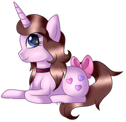 Size: 1280x1239 | Tagged: safe, artist:cindydreamlight, oc, oc:sweet sugar heart, pony, unicorn, bow, female, mare, prone, simple background, solo, tail bow, transparent background