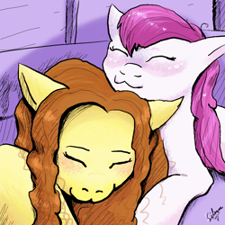 Size: 1000x1000 | Tagged: safe, artist:hippykat13, artist:silence, color edit, edit, oc, oc:heartbeat, oc:michpone, pony, collaboration, cat pose, colored, couple, not adagio dazzle, oc x oc, shipping, sleeping, snuggling