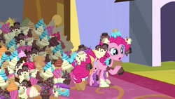 Size: 1920x1080 | Tagged: safe, derpibooru import, screencap, pinkie pie, earth pony, pony, the ending of the end, cupcake, food, solo