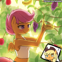 Size: 750x750 | Tagged: safe, artist:lumineko, derpibooru import, applejack, scootaloo, anthro, pegasus, apple bloomers, applejack's hat, banana, blushing, boobaloo, breasts, clothes, cowboy hat, female, food, freckles, grapes, hat, midriff, patreon, smiling, tanktop