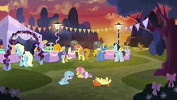Size: 1920x1080 | Tagged: safe, screencap, boneless, boneless 2, bruce mane, carrot top, cheese sandwich, cloud kicker, drizzle, eclair créme, golden harvest, indian summer, jangles, kettle corn, lilac ice, masquerade, perfect pace, earth pony, pegasus, pony, unicorn, the last laugh, background pony, bored, butt, cake, cupcake, dessert, discovery family logo, female, filly, foal, food, lamp, lamppost, male, mare, party, plot, punch (drink), punch bowl, stallion, sunset, technically an upskirt shot, tent, the master, the pony with no name