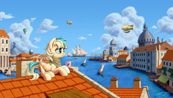 Size: 2500x1407 | Tagged: safe, artist:1jaz, oc, oc only, oc:sun light, pegasus, pony, airship, bandaid, bandana, blaze (coat marking), boat, building, canal, city, cityscape, cloud, commission, female, hot air balloon, mare, ocean, pier, roof, rooftop, scenery, scenery porn, ship, sky, solo focus, steampunk, steeple, venice, water