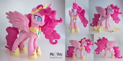 Size: 1600x802 | Tagged: safe, artist:meplushyou, derpibooru import, idw, pinkie pie, alicorn, pony, spoiler:comic, spoiler:comic57, alicornified, crown, female, grin, jewelry, photo, pinkiecorn, plushie, princess of chaos, race swap, regalia, smiling, solo, swirly eyes, xk-class end-of-the-world scenario