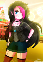 Size: 1020x1460 | Tagged: safe, artist:the-butch-x, oc, oc only, oc:zoe star pink, equestria girls, badass, breasts, canterlot high, cleavage, clothes, equestria girls-ified, female, fingerless gloves, gift art, gloves, hair over one eye, hand on hip, jacket, shorts, signature, solo