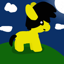 Size: 1000x1000 | Tagged: safe, artist:artdbait, oc, oc:tami k. maru, pony, 1000 hours in ms paint, big hair, black sclera, cloud, hill, moon, shadow, simple, smiling, solo