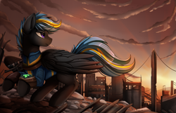 Size: 3209x2068 | Tagged: safe, artist:pridark, oc, oc only, oc:tornado turbulence, pegasus, pony, fallout equestria, city, clothes, commission, fanfic art, male, pipbuck, scenery, scenery porn, vault suit