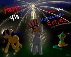 Size: 1500x1200 | Tagged: safe, artist:voraciouscutie, oc, oc:blueberry crepe, oc:dutchie mills, oc:frozen star, pony, 4th of july, fire, fireworks, holiday, this will end in explosions, this will end in pain, this will not end well