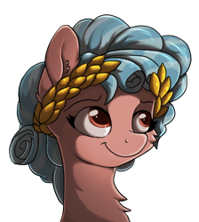 Size: 1148x1280 | Tagged: safe, artist:nighty, cozy glow, earth pony, pegasus, pony, bust, chest fluff, colored pupils, ear fluff, female, laurel wreath, simple background, solo, transparent background