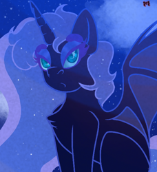 Size: 540x593 | Tagged: safe, artist:crippling depression, nightmare moon, alicorn, pony, bat wings, bedroom eyes, chest fluff, cloud, cute, eyeshadow, looking at you, makeup, missing accessory, night, no armor, o.o, signature, solo, stars, wings