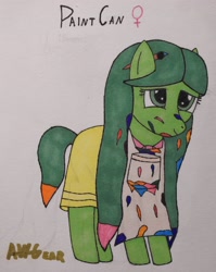 Size: 2400x3008 | Tagged: safe, artist:awgear, oc, oc only, oc:paint can, earth pony, pony, female, filly, green coat, green eyes, green mane, paint, paintbrush, solo, teenager, traditional art