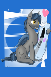 Size: 2000x3000 | Tagged: safe, artist:wilshirewolf, oc, oc:sharpie fume, bat pony, pony, absurd resolution, body pillow, grin, heart, m.a. larson, male, sharpie, simple background, smiling, stallion