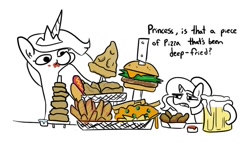 Size: 1008x576 | Tagged: safe, artist:tjpones, luster dawn, princess twilight 2.0, twilight sparkle, twilight sparkle (alicorn), alicorn, pony, unicorn, the last problem, alcohol, beer, burger, callback, cheeseburger, chips, deep fried, dialogue, food, hamburger, hot dog, hot wings, lustie, meat, nachos, omnivore twilight, onion, onion ring tower, onion rings, partial color, pizza, ponies eating meat, sausage, this will end in weight gain, twiggie, twilight burgkle