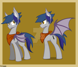 Size: 1024x882 | Tagged: safe, artist:flylash6009, oc, oc:flylash, bat pony, pony, bat pony oc, dark blue hair, fake cutie mark, gray coat, handkerchief, smiling