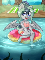 Size: 3000x4000 | Tagged: safe, artist:annakitsun3, oc, oc only, oc:feather fry, anthro, pegasus, unguligrade anthro, beach towel, bikini, clothes, female, freckles, inflatable, inner tube, lake, looking at you, mare, smiling, solo, spread wings, swimsuit, towel, water, wings