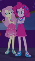 Size: 717x1242 | Tagged: safe, screencap, fluttershy, pinkie pie, better together, equestria girls, spring breakdown, feet, geode of sugar bombs, magical geodes, sandals, sleeveless