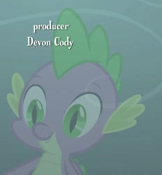 Size: 665x718 | Tagged: safe, screencap, spike, dragon, uprooted, credits, devon cody, male, reflection, smiling, solo, text, winged spike