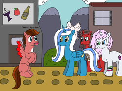 Size: 3102x2328 | Tagged: safe, artist:supahdonarudo, oc, oc only, oc:crimsonwing, oc:fleurbelle, oc:ironyoshi, oc:rose quartz, alicorn, pegasus, pony, unicorn, alcohol, alicorn oc, angry, apple, bow, bush, clothes, creepy, door, food, heavy breathing, mountain, obsessed, reference, shirt, sign, spongebob squarepants, stalker, text, vodka, window, wristband