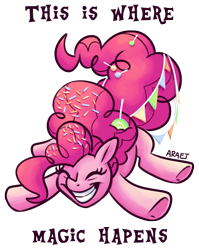 Size: 857x1079 | Tagged: safe, artist:vampireselene13, derpibooru import, pinkie pie, earth pony, pony, the last problem, eyes closed, grin, misspelling, older, older pinkie pie, smiling, solo, teeth