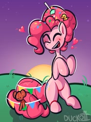 Size: 629x845 | Tagged: safe, artist:duckoiii, derpibooru import, pinkie pie, earth pony, pony, the last problem, candy, cute, diapinkes, eyes closed, food, lollipop, older, older pinkie pie, open mouth, solo, teddy bear