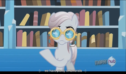 Size: 1271x747 | Tagged: safe, edit, edited screencap, screencap, amethyst maresbury, pony, the crystal empire, book, bookshelf, caption, glasses, meme, solo, terrorist, youtube caption