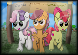 Size: 7016x4961 | Tagged: safe, artist:thevintagepone, apple bloom, scootaloo, sweetie belle, earth pony, pegasus, unicorn, apple bloom's bow, bow, cutie mark, cutie mark crusaders, female, filly, hair bow, sign, the cmc's cutie marks, tree, wings