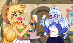 Size: 1380x820 | Tagged: safe, artist:lucy-tan, applejack, sugarcoat, equestria girls, anime, breasts, champagne, cleavage, clothes, cork, cute, duo, jackabetes, open mouth, popping, smiling, sugarcute, tanktop