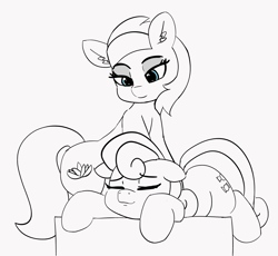 Size: 1924x1769 | Tagged: safe, artist:pabbley, aloe, bon bon, sweetie drops, earth pony, pony, cute, ear fluff, eyes closed, floppy ears, happy, lidded eyes, lying down, massage, monochrome, neo noir, partial color