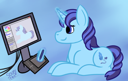 Size: 2300x1450 | Tagged: safe, artist:soupyfox, oc, oc:azure quill, pony, unicorn, computer, drawing, drawing self, drawing tablet, glowing horn, gradient background, magic, prone, sitting, stylus, telekinesis