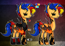 Size: 1410x1000 | Tagged: safe, artist:anyazen, oc, oc only, oc:dark-sun guard, alicorn, demon, demon pony, original species, pony, alicorn oc, boots, clothes, colored sclera, ear piercing, earring, eye scar, eyebrow piercing, jacket, jewelry, leather jacket, male, multicolored hair, nose piercing, offspring, parent:flash sentry, parent:sunset shimmer, parents:flashimmer, piercing, reference sheet, scar, shirt, shoes, socks, solo, stallion, t-shirt, tattoo