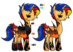 Size: 1410x1000 | Tagged: safe, alternate version, artist:anyazen, oc, oc only, oc:dark-sun guard, alicorn, demon, demon pony, original species, pony, alicorn oc, boots, clothes, colored sclera, ear piercing, earring, eye scar, eyebrow piercing, jacket, jewelry, leather jacket, male, multicolored hair, nose piercing, offspring, parent:flash sentry, parent:sunset shimmer, parents:flashimmer, piercing, scar, shirt, shoes, simple background, socks, solo, stallion, t-shirt, tattoo, transparent background