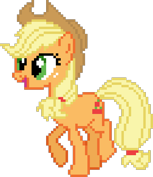 Size: 378x438 | Tagged: safe, artist:iknowpony, derpibooru import, applejack, earth pony, pony, simple ways, female, hat, mare, open mouth, pixel art, raised hoof, simple background, solo, transparent background