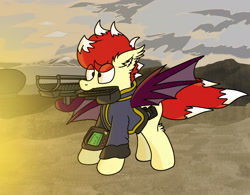 Size: 3000x2336 | Tagged: safe, artist:aaathebap, oc, oc only, oc:aaaaaaaaaaa, bat pony, pony, fallout equestria, bat pony oc, bat wings, clothes, ear fluff, fallout, fanfic, fanfic art, fangs, hooves, male, pipbuck, solo, spread wings, stallion, vault suit, wings