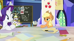 Size: 1920x1080 | Tagged: safe, derpibooru import, screencap, applejack, rarity, earth pony, pony, unicorn, sparkle's seven, book, chalkboard, cutie map, friendship throne