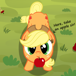 Size: 2244x2244 | Tagged: safe, artist:stellardust, derpibooru exclusive, derpibooru import, applejack, earth pony, pony, apple, applejack's hat, both cutie marks, cowboy hat, cute, dialogue, female, food, grass, hat, high res, jackabetes, looking at you, looking up, mare, mouth hold, solo, vector