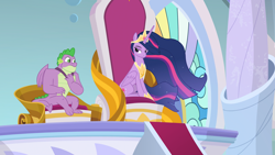 Size: 1920x1080 | Tagged: safe, screencap, princess twilight 2.0, spike, twilight sparkle, twilight sparkle (alicorn), alicorn, dragon, the last problem, adult, adult spike, amused, best friends, canterlot castle, claws, crown, duo, embarrassed, ethereal mane, female, flowing mane, folded wings, gigachad spike, hoof shoes, jewelry, mare, older, older spike, raised eyebrow, regalia, royal advisor, smuglight sparkle, throne room, winged spike, wings