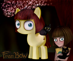 Size: 1500x1257 | Tagged: safe, artist:focusb, cat, human, pony, clothes, crossover, cutie mark, female, filly, fran bow, logo, looking at you, mr. midnight, petting, ponified, solo, video game crossover