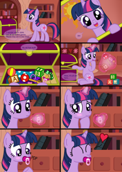 Size: 1350x1912 | Tagged: safe, artist:diaperdude, twilight sparkle, pony, unicorn, comic:a foalish mind, abdl, adult foal, blocks, blushing, comic, curious, cute, female, floating heart, heart, levitation, magic, pacifier, rattle, telekinesis, twiabetes