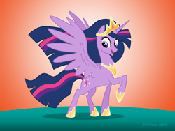 Size: 1024x768 | Tagged: safe, artist:tim-kangaroo, princess twilight 2.0, twilight sparkle, twilight sparkle (alicorn), alicorn, pony, the last problem, female, gradient background, mare, one hoof raised, signature, solo, spread wings, windswept mane, wings