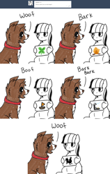 Size: 1600x2524 | Tagged: safe, artist:askwinonadog, winona, oc, oc:obamare, bird, dog, rooster, ask, ask winona, bark, boat, boof, campfire, clover, comic, duo, four leaf clover, onomatopoeia, picture, sailboat, tesla coil, tumblr, woof