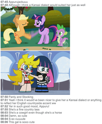 Size: 1434x1738 | Tagged: safe, derpibooru import, edit, edited screencap, screencap, applejack, spike, twilight sparkle, unicorn twilight, dragon, earth pony, pony, unicorn, friendship is magic, anarchy panty, anarchy stocking, panty anarchy, panty and stocking, panty and stocking with garterbelt, what japan thinks of mlp