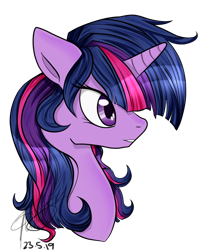 Size: 700x800 | Tagged: safe, artist:emptyfaze, twilight sparkle, pony, alternate hairstyle, bust, female, floppy ears, mare, simple background, solo, transparent background