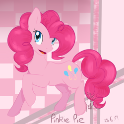 Size: 1200x1200 | Tagged: safe, artist:emptyfaze, derpibooru import, pinkie pie, earth pony, pony, abstract background, cutie mark, female, mare, open mouth, raised hoof, solo