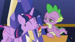 Size: 1274x720 | Tagged: safe, screencap, spike, twilight sparkle, twilight sparkle (alicorn), alicorn, dragon, the last problem, claws, eyes closed, female, leak, mare, tail, winged spike