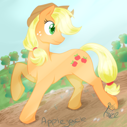 Size: 1200x1200 | Tagged: safe, artist:emptyfaze, derpibooru import, applejack, earth pony, pony, apple tree, crepuscular rays, cutie mark, female, head turn, mare, orchard, raised hoof, smiling, solo, tree