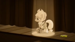 Size: 1920x1080 | Tagged: safe, derpibooru import, screencap, applejack, earth pony, pony, sparkle's seven, apple chord, guitar, hat, sepia, solo