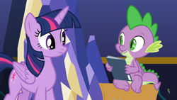 Size: 1280x720 | Tagged: safe, screencap, spike, twilight sparkle, twilight sparkle (alicorn), alicorn, dragon, pony, the last problem, female, leak, male, mare, smiling, tail, winged spike, wings