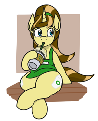 Size: 672x830 | Tagged: safe, artist:jargon scott, oc, oc only, oc:java chip, pony, unicorn, apron, clothes, coffee, solo