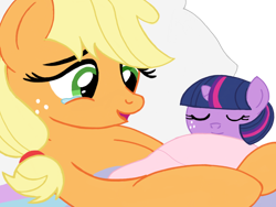 Size: 1024x768 | Tagged: safe, artist:turnaboutart, derpibooru import, applejack, twilight sparkle, earth pony, pony, unicorn, fanfic:mama applejack, age regression, alternate universe, baby, baby pony, base used, bed, crying, female, foal, freckles, hairband, holding a pony, hospital bed, mother and child, mother and daughter, newborn, parent and child, sleeping, tears of joy